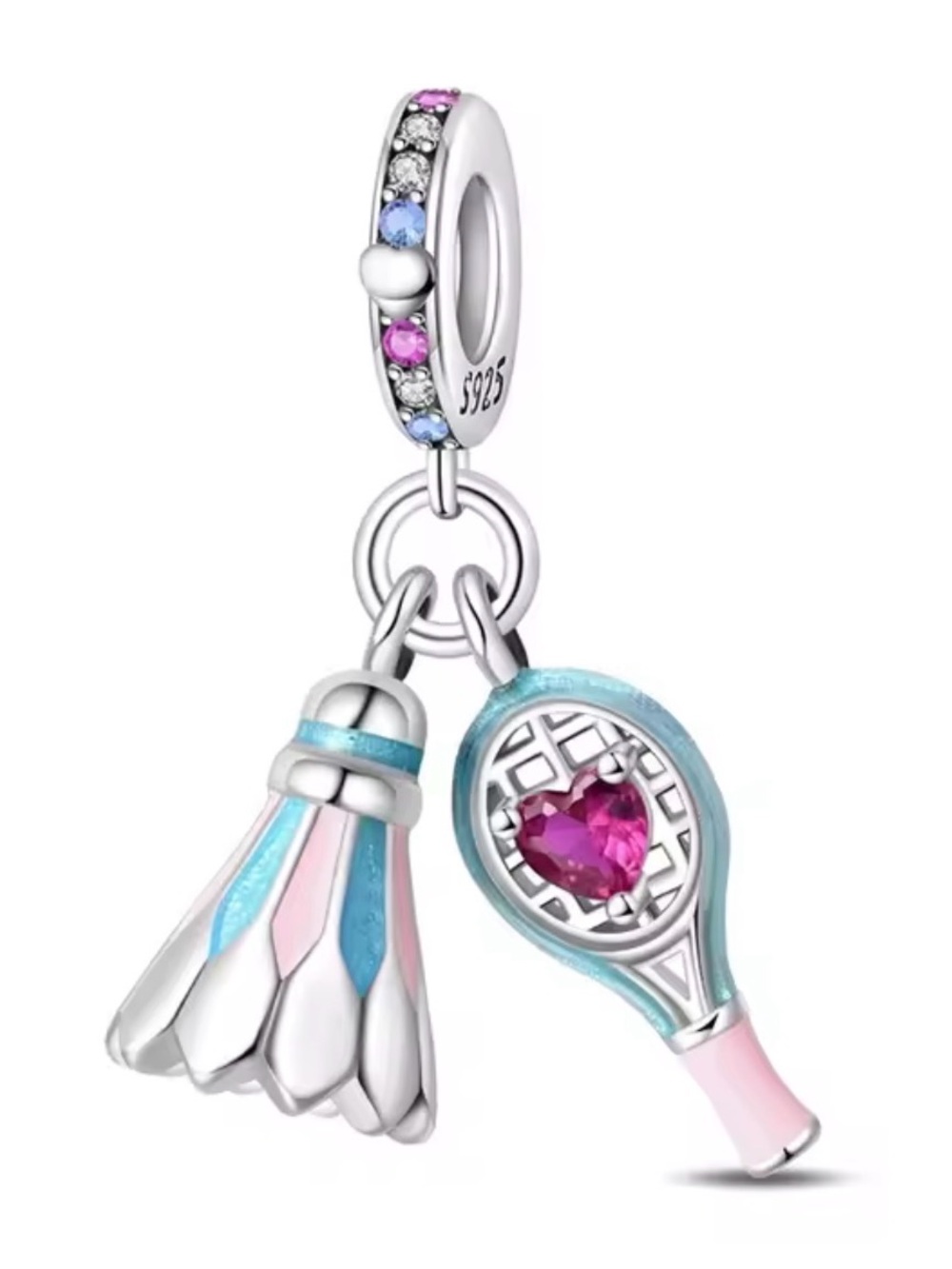 Silver, Pink & Blue Tennis Racket & Shuttlecock Dangle Charm